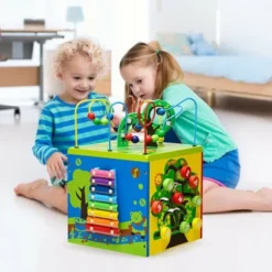 Costway 5-in-1 Wooden Activity Cube Toy Educational Learning Bead Maze W/ Rotatable Base