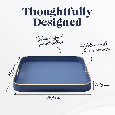 American Atelier Blue Square Large Tray With Gold Trimming & Handles 1 American Atelier Blue Square Large Tray With Gold Trimming & Handles