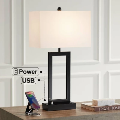 360 Lighting Modern Table Lamp With USB And AC Power Outlet 30" Tall Black Metal White Rectangle Shade For Living Room Bedroom House 1 360 Lighting Modern Table Lamp With USB And AC Power Outlet 30" Tall Black Metal White Rectangle Shade For Living Room Bedroom House
