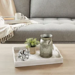 Juvale 2-Pack Rustic Wood Coffee Table Serving Tray With Handles For Ottoman, White Floral