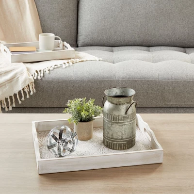 Juvale 2-Pack Rustic Wood Coffee Table Serving Tray With Handles For Ottoman, White Floral 1 Juvale 2-Pack Rustic Wood Coffee Table Serving Tray With Handles For Ottoman, White Floral