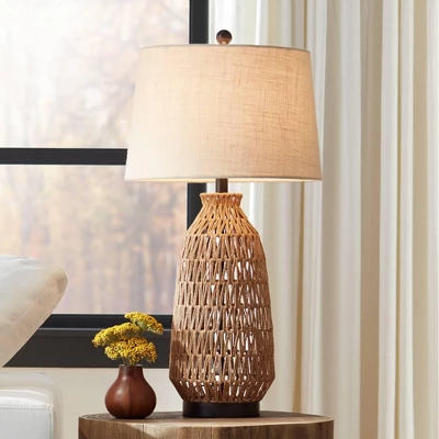 360 Lighting San Carlos Modern Coastal Table Lamp 29" Tall Natural Rattan Wicker Oatmeal Fabric Drum Shade For Bedroom Living Room Bedside Nightstand 1 360 Lighting San Carlos Modern Coastal Table Lamp 29" Tall Natural Rattan Wicker Oatmeal Fabric Drum Shade For Bedroom Living Room Bedside Nightstand