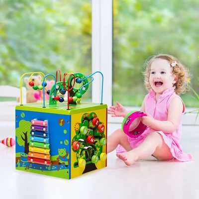 Costway 5-in-1 Wooden Activity Cube Toy Educational Learning Bead Maze W/ Rotatable Base 3 Costway 5-in-1 Wooden Activity Cube Toy Educational Learning Bead Maze W/ Rotatable Base - Image 3
