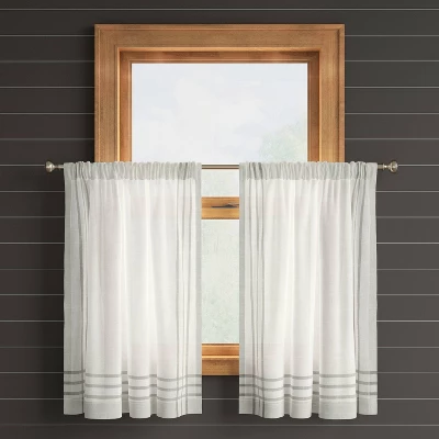 2pk 42"x36" Light Filtering Stripe Border Curtain Tiers Cream/Gray - Threshold™ 2 2pk 42"x36" Light Filtering Stripe Border Curtain Tiers Cream/Gray - Threshold™ - Image 2