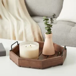 Decorative Rustic Wooden Serving Tray With Metal Handles For Candles, Coffee Table, Farmhouse Home Decor (11.75 X 11.75 X 2.75 In)