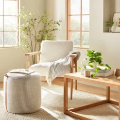 Round Fabric Ottoman With Faux Leather Trim - Cream/Gray Stripes - Hearth & Hand™ With Magnolia