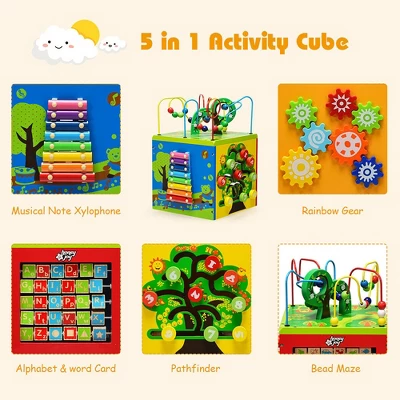 Costway 5-in-1 Wooden Activity Cube Toy Educational Learning Bead Maze W/ Rotatable Base 4 Costway 5-in-1 Wooden Activity Cube Toy Educational Learning Bead Maze W/ Rotatable Base - Image 4