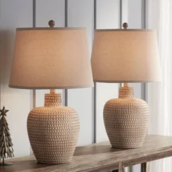 Regency Hill Glenn Rustic Farmhouse Table Lamps 27" Tall Set Of 2 Dappled Sandy Beige Oatmeal Fabric Drum Shade For Bedroom Living Room Bedside Office