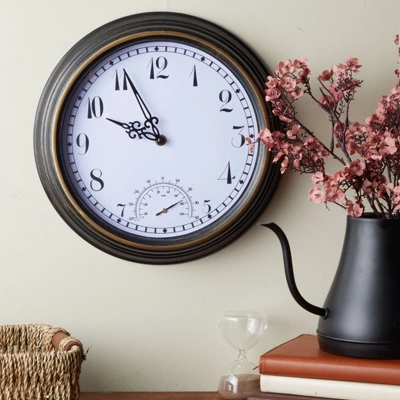 Farmlyn Creek Weatherproof Outdoor Wall Clock And Temperature Gauge Thermometer For Patios & Pools, Black, 12 In 1 Farmlyn Creek Weatherproof Outdoor Wall Clock And Temperature Gauge Thermometer For Patios & Pools, Black, 12 In