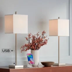 360 Lighting Franco Modern Table Lamps 26 1/2" High Set Of 2 Brushed Nickel With USB Charging Ports White Square Shade For Bedroom Living Room Desk