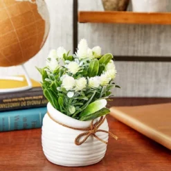 Juvale Artificial Flowers, Fake Faux Plants With Small White Vase For Indoor Room Spring Home Decor, 3.5 X 6 In