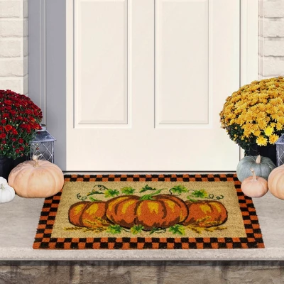 Northlight Checkered Fall Harvest Pumpkin Doormat 18" X 30" 1 Northlight Checkered Fall Harvest Pumpkin Doormat 18" X 30"