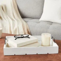 Rustic Wooden Serving Tray With Metal Handles For Coffee Table, Farmhouse Home Decor (White, 16.3 X 11.6 X 3.25 In)