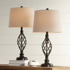 Franklin Iron Works Annie Modern Industrial Table Lamps 28" Tall Set Of 2 Bronze Iron Cream Tapered Drum Shade For Bedroom Living Room Nightstand