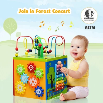 Costway 5-in-1 Wooden Activity Cube Toy Educational Learning Bead Maze W/ Rotatable Base 8 Costway 5-in-1 Wooden Activity Cube Toy Educational Learning Bead Maze W/ Rotatable Base - Image 8