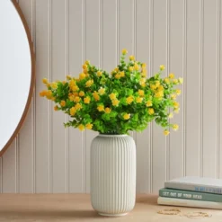 Farmlyn Creek 8 Pack Artificial Outdoor Flowers With Faux Eucalyptus Leaves Plants For Gardens Home Decor, Yellow, 6 X 13.5 In