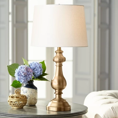 Regency Hill Traditional Table Lamp 26" High Antique Brass Candlestick White Fabric Drum Shade For Living Room Family Bedroom Bedside 1 Regency Hill Traditional Table Lamp 26" High Antique Brass Candlestick White Fabric Drum Shade For Living Room Family Bedroom Bedside