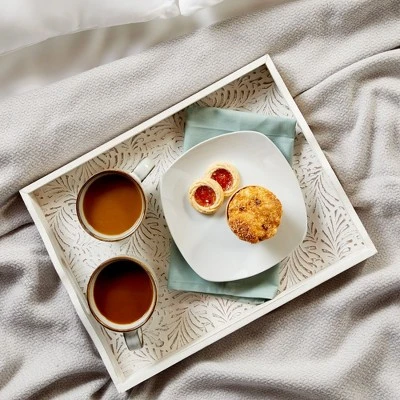 Juvale 2-Pack Rustic Wood Coffee Table Serving Tray With Handles For Ottoman, White Floral 2 Juvale 2-Pack Rustic Wood Coffee Table Serving Tray With Handles For Ottoman, White Floral - Image 2