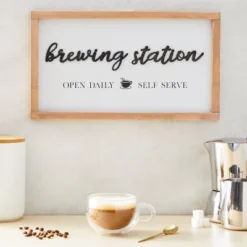 Farmlyn Creek Brewing Station Sign For Kitchen, Wooden Farmhouse Coffee House Bar Wall Decor With Hooks, 16 X 9 In