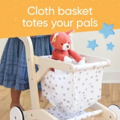 Hearthsong Wooden Shopping Cart For Pretend Play With Natural Finish, Real Rolling Wheel And Removable Cloth Basket -Home Furnishing Store GUEST f0485531 fd68 488e 99cc 48be0fd4bb4d