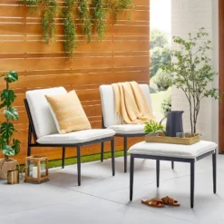 Cushioned Metal Outdoor Ottoman - Cream/Black - Hearth & Hand™ With Magnolia